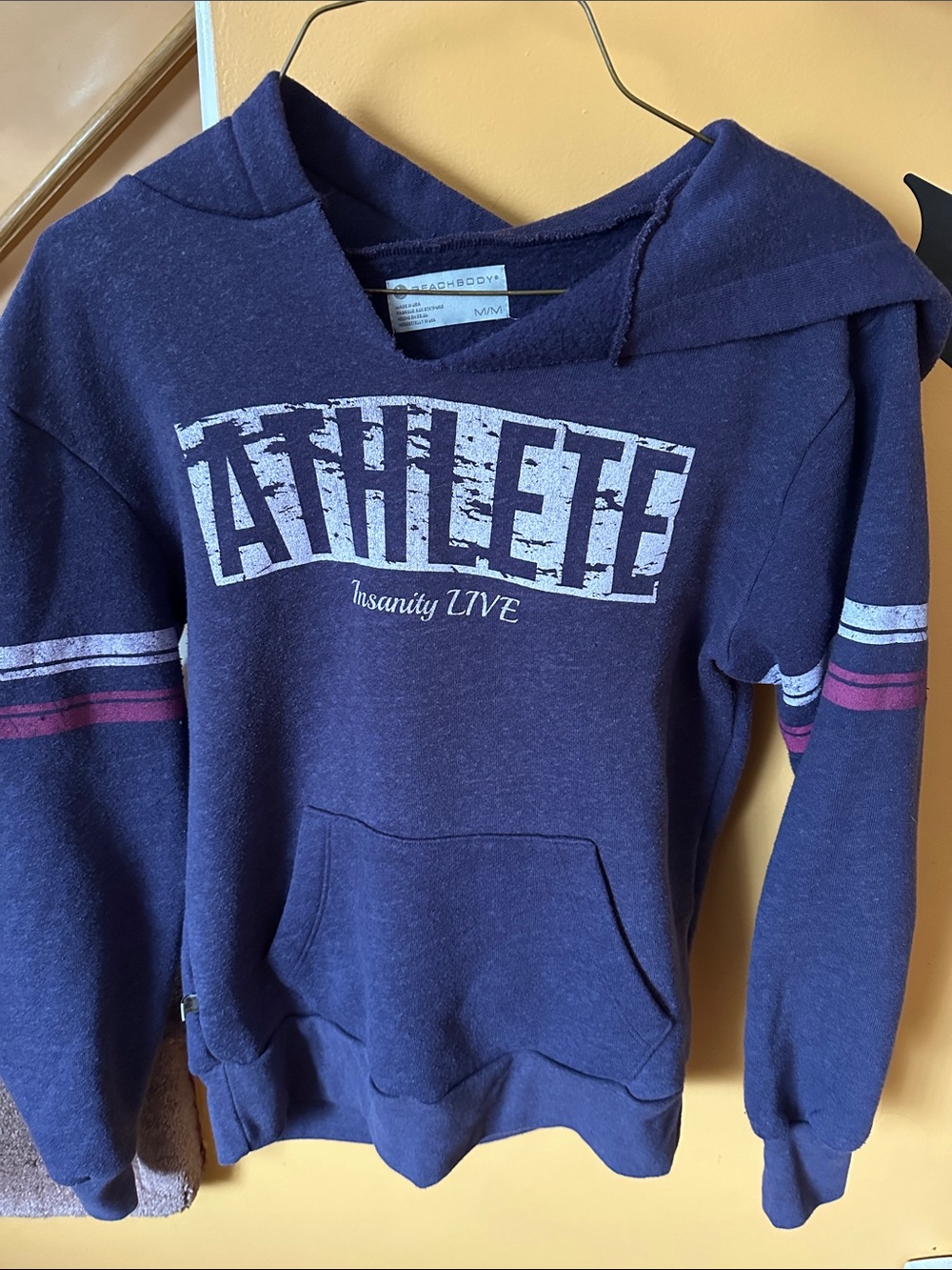 Beachbody Navy Cowl Neck Pullover with White and Maroon Stripes